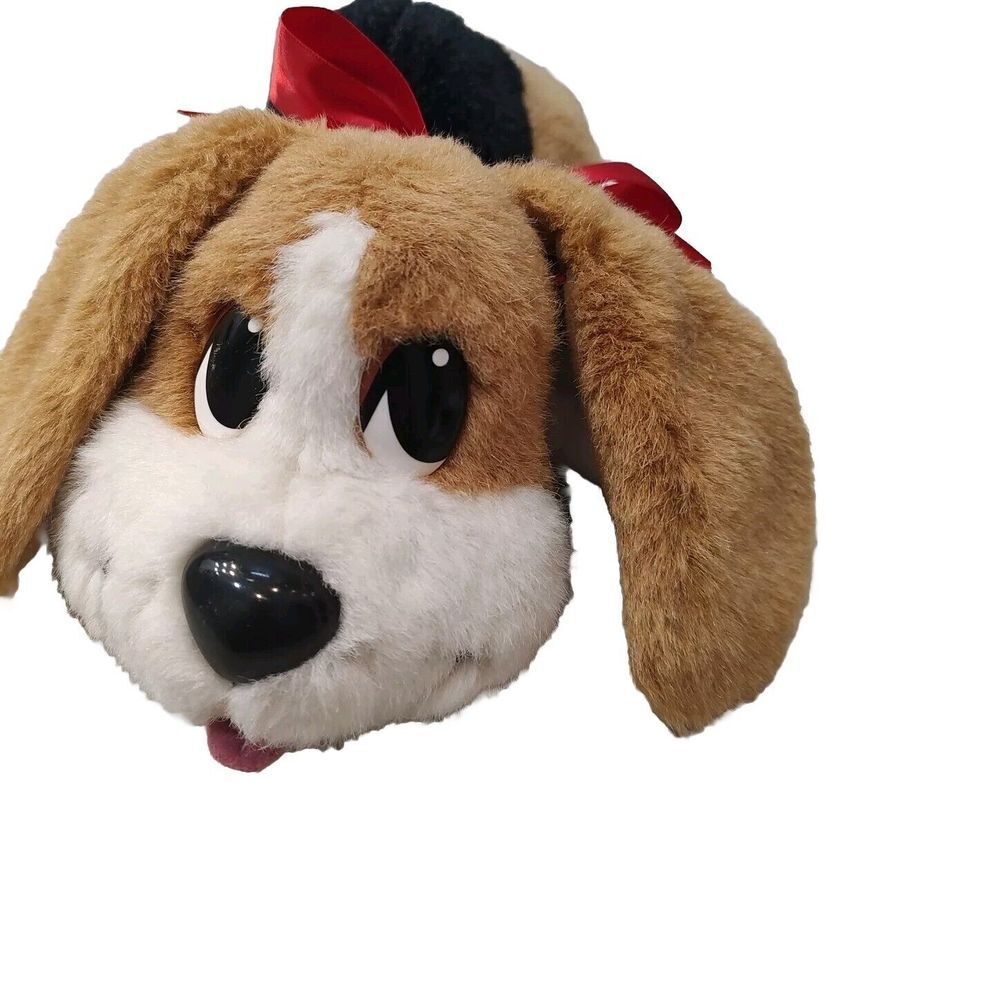 Vtg 2004 Mattel Pound Puppies Tricolor Dog Puppy Plush Toy Red Bow Floppy Ears